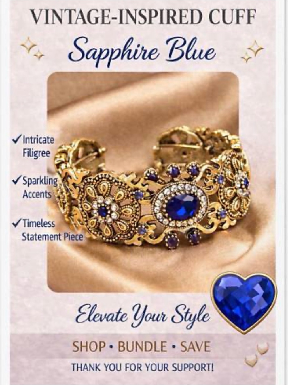 Sapphire Blue Vintage‑Inspired Cuff Bracelet